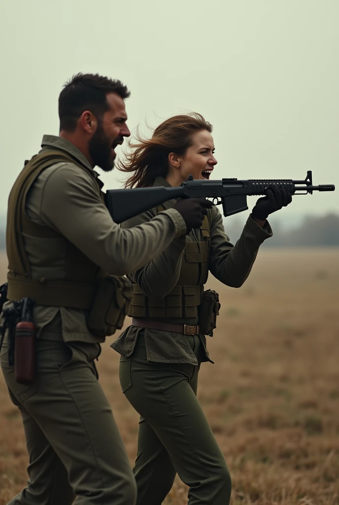 A man and a woman with submachine guns screaming on the battlefield