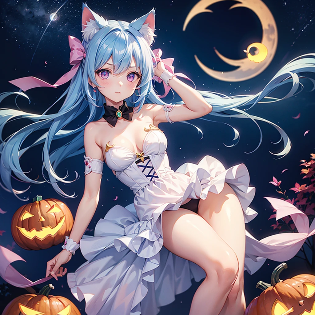 (Sky blue hair),Medium Hair, (Pink Eyes),Fair skin) ,(whole body),(One Girl),(Crescent Moon),(There are lots of pumpkin ghosts in the background),Cat ear,Cat's Tail,(If you don't give me sweets, I'll play a prank on you.),Halloween Night Party),(masterpiece, Highest quality, Very detailed, Best Shadow), (Detailed Background), (Beautifully detailed face), High Contrast, (Best lighting, Very delicate and beautiful), ((Cinematic Light)), Hyper Detail,8k, Dramatic Light, Intricate details,night,(Bats flying in the background),Pumpkin handbag,There are sweets in the bag,