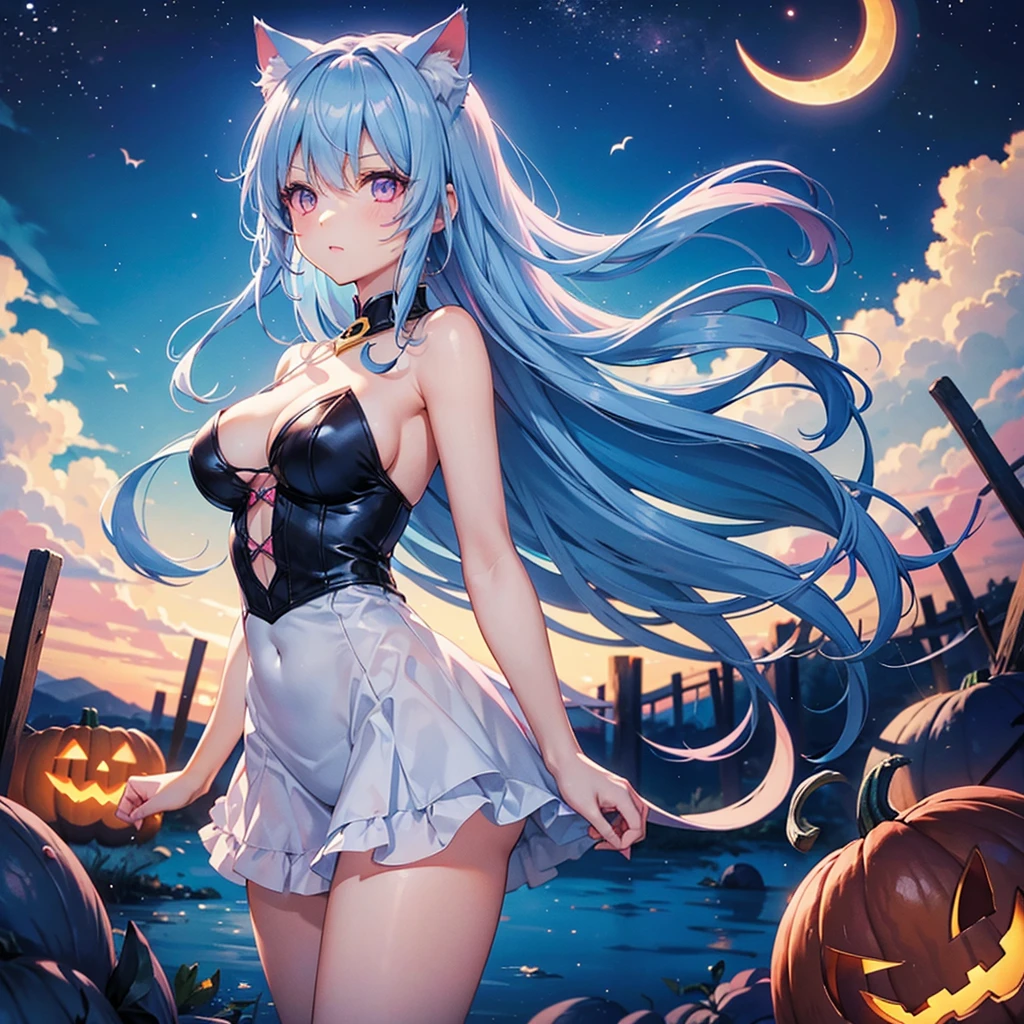 (Sky blue hair),Medium Hair, (Pink Eyes),Fair skin) ,(whole body),(One Girl),(Crescent Moon),(There are lots of pumpkin ghosts in the background),Cat ear,Cat's Tail,(If you don't give me sweets, I'll play a prank on you.),Halloween Night Party),(masterpiece, Highest quality, Very detailed, Best Shadow), (Detailed Background), (Beautifully detailed face), High Contrast, (Best lighting, Very delicate and beautiful), ((Cinematic Light)), Hyper Detail,8k, Dramatic Light, Intricate details,night,(Bats flying in the background),Pumpkin handbag,There are sweets in the bag,