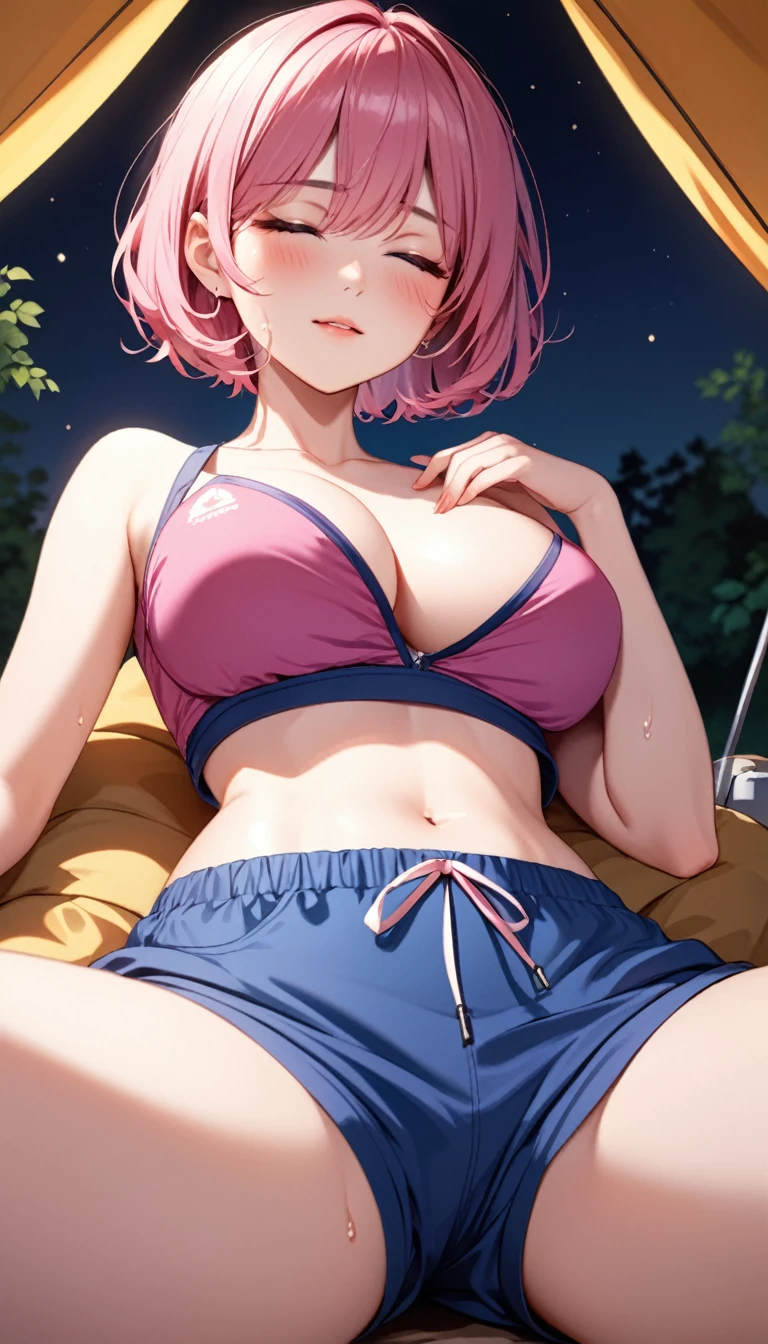 On the sleeping bag, lying, lying on your back, spread legs, Hide your chest、from below, midnight、独奏, (((masterpiece))),(((High resolution)))、(((8K quality)))、((Top quality eyes)), Anime Style、Very cute face、One Girl、24-years-old、Best Bust、Large Breasts、Cleavage、((underboob)), Beautiful Eyes、hot pink hair, ((Very Short Hair))、blue eyes, dynamic angle, crop top, Beach shorts, camping, In a dimly lit tent, blush, closed eyes, Sweat