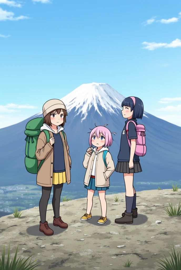 Nadeshiko and Rin from the anime Yurucamp△、Aoi from the anime Encouragement of Climb、Hinata、Kokona-chan、Climbing Mount Fuji with Honoka、A photo of everyone standing on the summit of Kengamine and taking a commemorative photo。