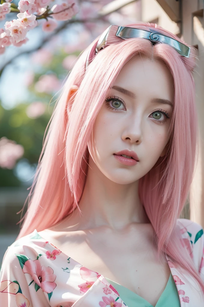 young woman pale skin, long bubblegum pink hair, pink eyebrows, big jade green eyes, buttoned nose, peach lips, small breasts, wide forehead, kimono of flowers and butterflies, Sakura Haruno, realist, 3D