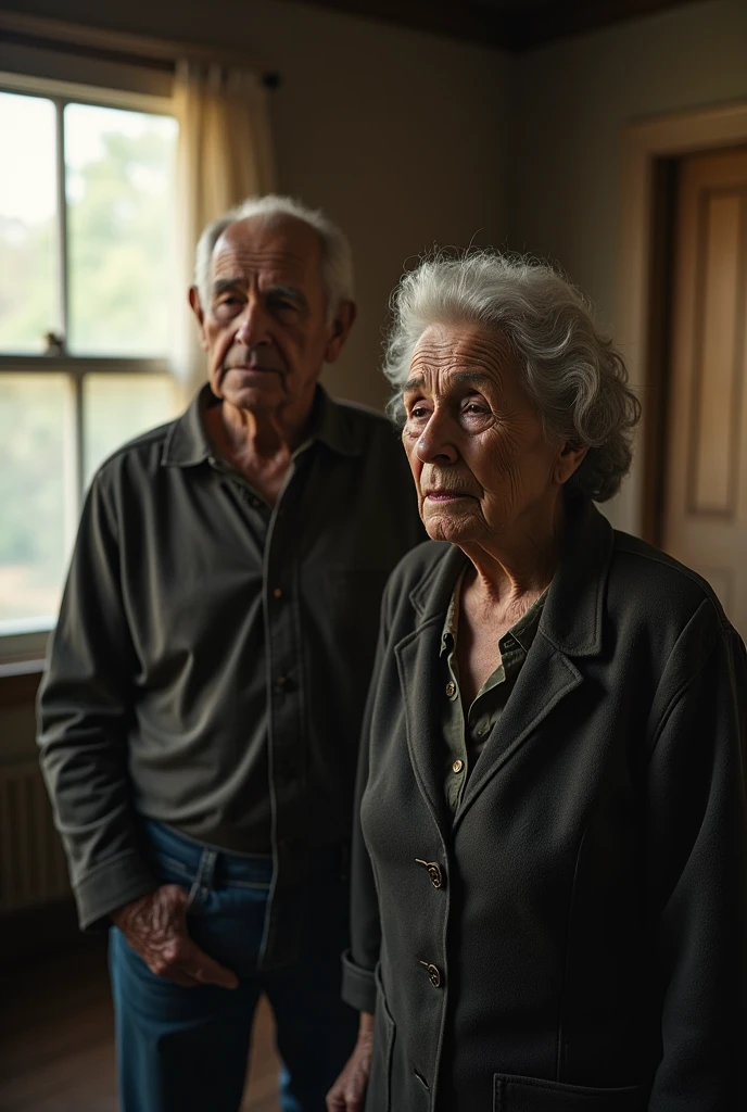 A ONE OLD MAN AND ONE OLD WOMEN FACE LIKE CRYING LOOKING STRAIGHT, MAN AND WOMEN STANDING AND SOME DISTANCE,DOCUMENTRY BACKGROUND ROOM , ONE WINDOW, SUN LIGHT IN BACKGROUND, REALISTIC DETAILS, 4K HD