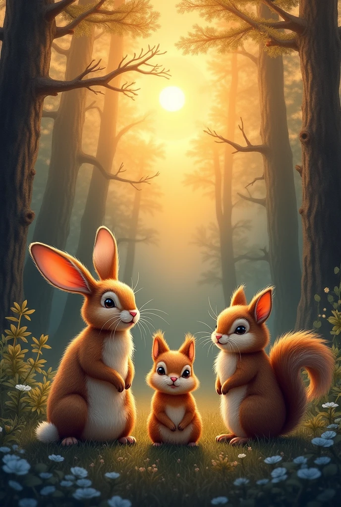Trio of woodland animals, rabbit, squirrel, owl, seated in sharp focus, before a darkened forest, basking in the glowing aftermath of a setting sun, detailed strokes of watercolor infused with the style trending on artstation by Greg Rutkowski, intricate details, studio photo ambiance, highly detailed, dramatic lighting, golden hour hue.