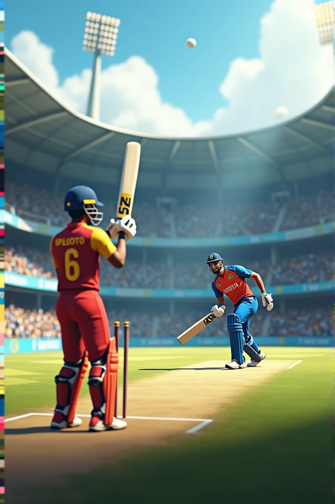 Put a beautiful stadium around and blur the backround with fields and then the boy who throws the ball is dressed in Sri Lanka t2 venti and his bat is set as normal and then the boy who hits the ball is dressed in India t20 world cup and the wicket behind him is bowled  A wicket is thrown at the speed of the boy's ball 3d art painting realistic photo