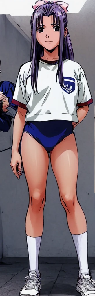 Momoko Koigakubo, a tall girl with beautiful legs, is standing with a smile on her face in a white gym uniform and light navy blue bloomers that look like panties.。