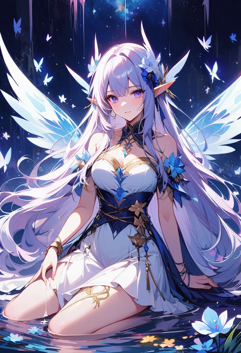 There is a doll,There is a purple and white skirt and a white skirt, space flower Fairy, astral Fairy, Elf, Ethereal fantasy, Ethereal,Fairy, She is surrounded by frozen flowers, 美麗的Fairy, water Fairy, beautiful Fairy, of Ethereal fantasy, 微笑如Immortal King, Ghost Festival, Ethereal wings, Immortal King,双手上捧着一盘Elf玩偶
