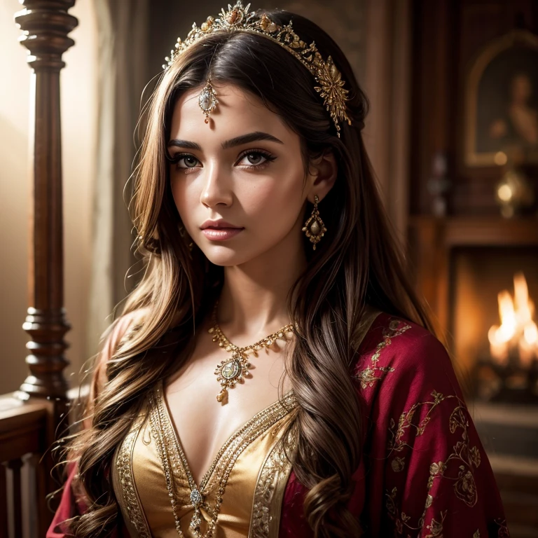 (masterpiece, Best quality:1.2), 1 girl, One, beautiful detailed eyes, beautiful detailed lips, extremely detailed face and facial features, elegant pose, peaceful expression, loose hair, Elaborate Dress, warm lighting, bright colors, photorealistic, Cinematic composition, fantasy art