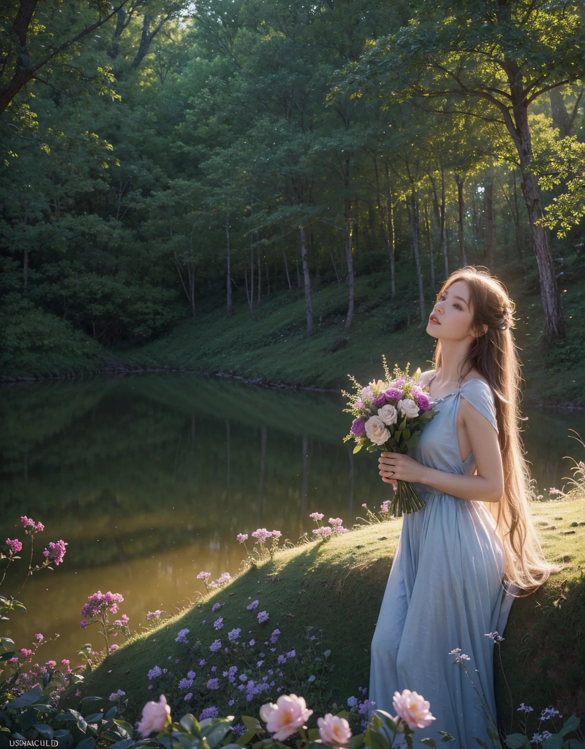 (200mm lens:1.0), f/1.4, (Photorealistic:1.4), (Deep depth of field:1.4), (Surreal:1.4), (Smooth lighting:1.05),(Highest quality, masterpiece, Natural light: 1.0), Soft lighting, Backlight, Close-up of a woman in a dress holding a bouquet of flowers, Beautiful fantasy art, Beautiful fantasy maiden, Colorful digital fantasy art, very Beautiful fantasy art, Fantasy fairy tale, digital art fantasy, Beautiful Art UHD 4K, Lost in a dreamy fairylandscape, fantasy digital art, Fantasy art style, detailed fantasy digital art, digital art fantasy art
