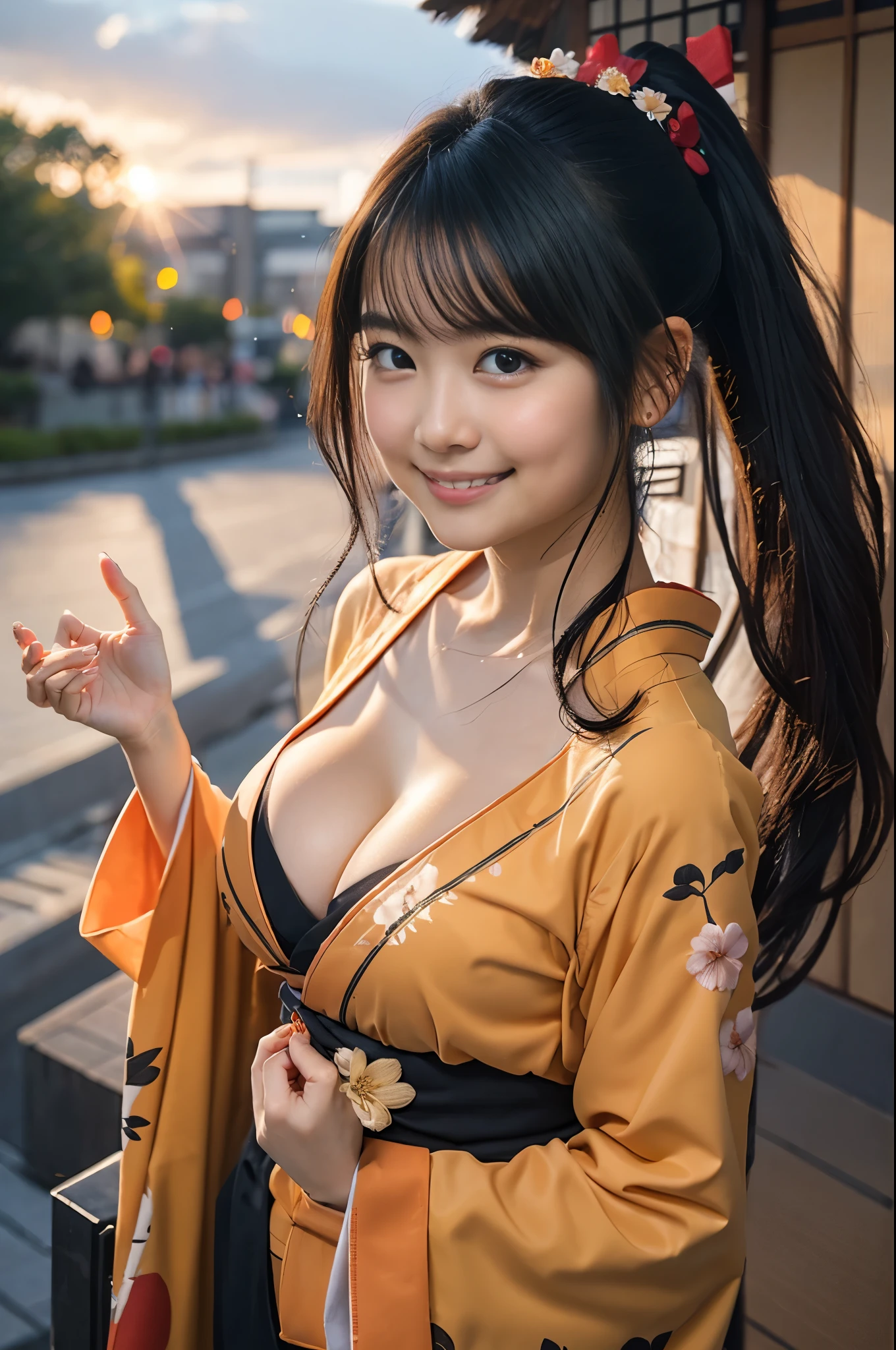 （8k、Raw photography、Highest quality、masterpiece：1.2),(Black Hair、Dark Eyes:1.9),(Flower pattern kimono:1.7)、View your audience,Viewed from the front,White skin,(ponytail:1.4)、(Tight waist:1.6)、(Clothes that accentuate the shape of the breasts:1.4)、(Big Breasts :1.6)、Slim figure、Ultra-high resolution,beautiful,beautiful fece,(One person、No background:1.9),whole bodyボディー,Japanese women,（reality的：1.37）、Photon Mapping,reality、(-face cute: 1.4)、(Cute Smile: 1.8)、(Round face: 1.8)、Radio City、Physically Based Rendering、Depth of field rally background、photograph, (:1.8),（:1.6）,whole body、Great quality