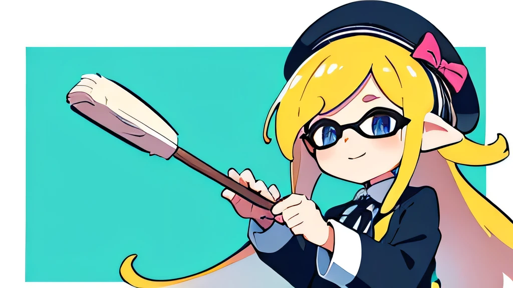 A young Splatoon-style woman wearing a beret and holding a giant brush、A canvas to paint on、Background is white