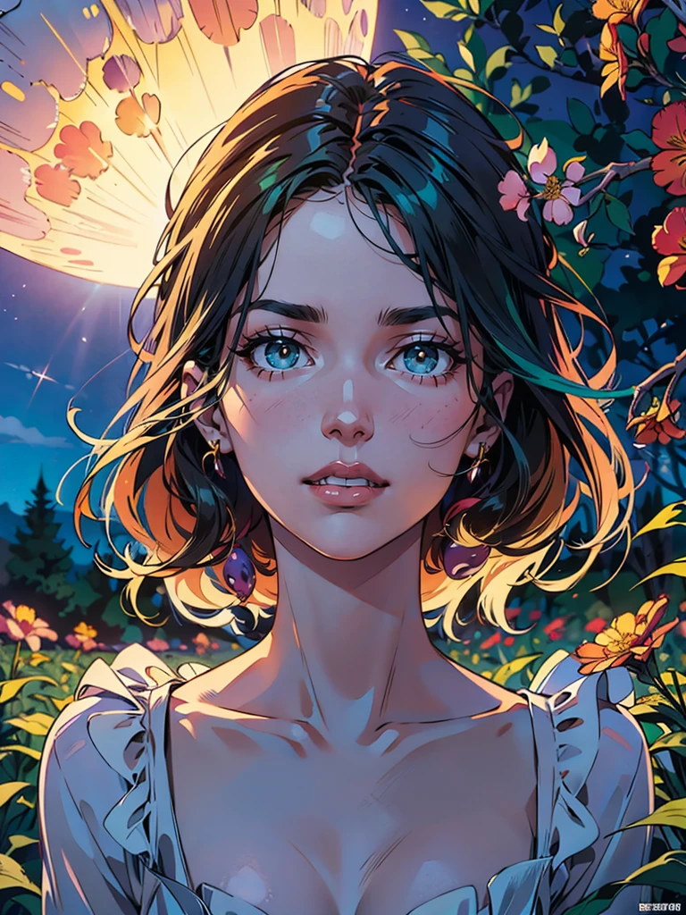 (best quality,4k,8k,highres,masterpiece:1.2),ultra-detailed,(realistic,photorealistic,photo-realistic:1.37),colorful, vibrant, illuminated scene, moonlit garden, A girl surrounded by ethereal light, long flowing hair, delicately painted face, beautiful detailed eyes, soft glowing lips, joyful expression, mesmerizing eyes, enchanting smile, playful interaction between the girl and the jellyfishes, translucent jellyfishes floating gracefully, rainbow-colored tentacles, iridescent glow, peaceful atmosphere, lush green foliage, blooming flowers, twinkling stars, gentle breeze, inviting sky, captivating moon, dreamlike setting, whimsical elements, magical ambiance, otherworldly feel, delightful energy, enchanting colors, surreal scenery.