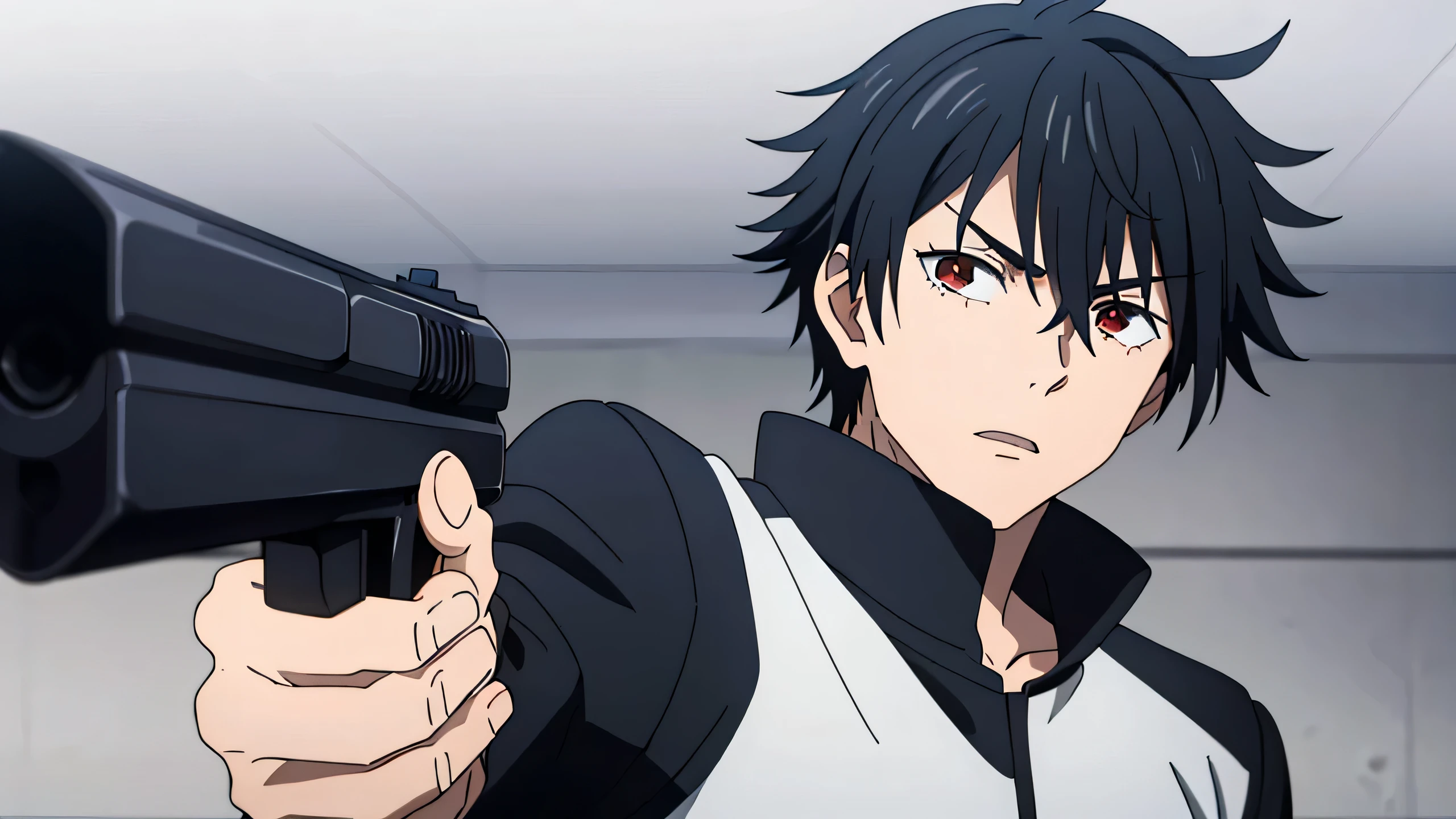 1boy, solo, teenage, black hair, red eyes, ahoge, cowlick, short haircut, black jacket, messy bangs, ahoge, pale skin, skinny, , gun in his hand, 4k