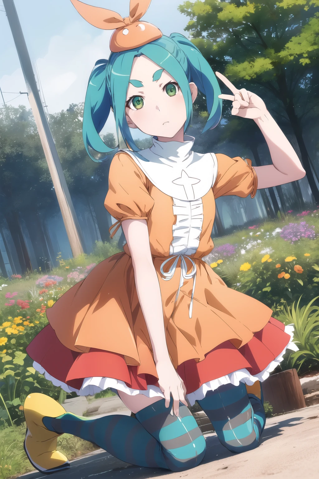 (best quality),(ultra detailed), (ononoki yotsugi),One girl, View your viewers,
Striped pantyhose, blue and gray pantyhose, dress, (orange dress), white turtleneck collar, White frills, Have, Puff sleeves, Short sleeve, 
Aqua Hair, short hair, Green Eyes, Twin tails, Thick eyebrows, yellow rain boots
garden, wood, close,
(on one knee), (arm up) ,(peace fingers), (double piece), (dutch angle)
Expressionless, Mouth closed,