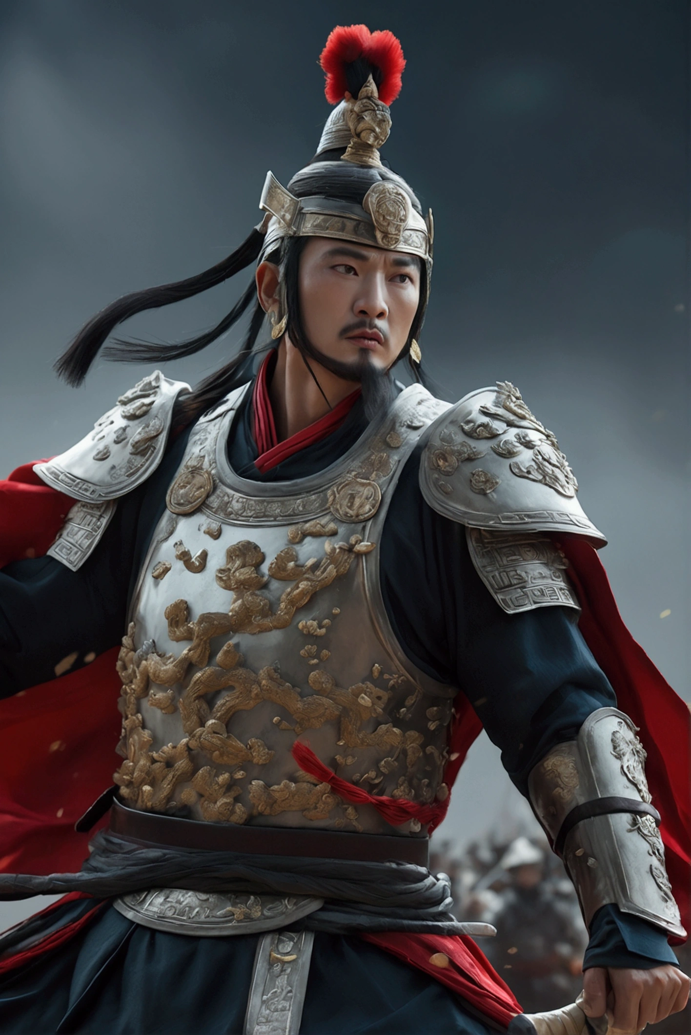 Bust of an ancient Chinese general on the battlefield，The armor is broken, Starry sky and fog cover the landscape.Rich historical background. (Highest quality,4K,8k,High resolution,masterpiece:1.2), Very detailed, (Realistic,Realistic,Photorealistic:1.37), High resolution, Hyper HD, Studio Lighting, Ultra-fine painting, Sharp focus, Physically Based Rendering, Very detailed説明, Professional, Vibrant colors, Bokeh, Sports Late, Ancient War Landscapes, Traditional Chinese Painting Techniques, Atmospheric lighting, Dynamic Pose, Complex combat scenarios, Vivid color contrast, Visually stunning composition, Ethereal atmosphere, heroism. Black and White