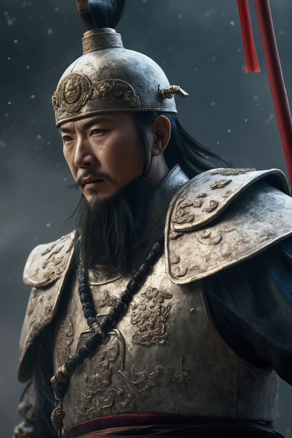 Bust of an ancient Chinese general on the battlefield，The armor is broken, Starry sky and fog cover the landscape.Rich historical background. (Highest quality,4K,8k,High resolution,masterpiece:1.2), Very detailed, (Realistic,Realistic,Photorealistic:1.37), High resolution, Hyper HD, Studio Lighting, Ultra-fine painting, Sharp focus, Physically Based Rendering, Very detailed説明, Professional, Vibrant colors, Bokeh, Sports Late, Ancient War Landscapes, Traditional Chinese Painting Techniques, Atmospheric lighting, Dynamic Pose, Complex combat scenarios, Vivid color contrast, Visually stunning composition, Ethereal atmosphere, heroism. Black and White