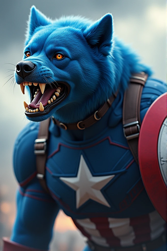 A complete image of a dangerous skyblue dog, dog wear captain amarica's costume, dog open his mouth for biting and captain amarica also standing beside the dog captain amarica hold dog collar in hands