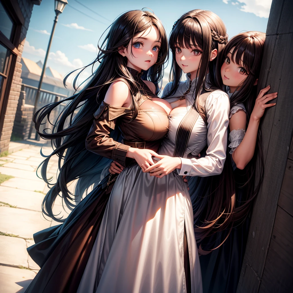long dark hair / big tits / brown eye / whire dress