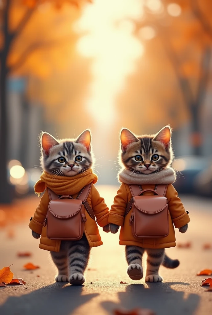 Autumn season、I have two kittens, cute猫, cute子猫, cute, 信じられないほどcute, Adorable and cute, And cute and adorable. They are walking down the street with backpacks on., Walk together, commute, Walking proudly down the street, And the cat is walking. They are cute in the style of 🍂 and 🍁, Adorable and cute, Cute and adorable, oh, 素敵でcute. They are known as the real-life Tom and Jerry..Wear warm clothes、Scarf、coat