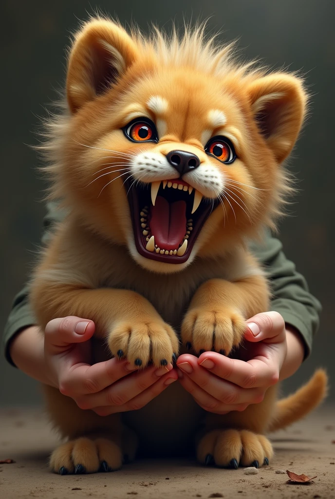 "A small, dangerous-looking puppy with a face resembling a lion and large, sharp teeth like those of a lion. Its eyes are filled with red, intense anger. The puppy is being held in the hands of a small child, who looks surprised but fascinated. The child’s hands are gentle but firm, carefully holding the fierce-looking puppy."