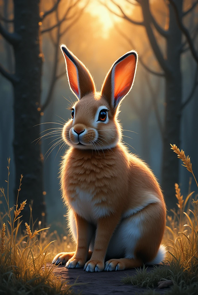 woodland animal, rabbit, seated in sharp focus, before a darkened forest, basking in the glowing aftermath of a setting sun, detailed strokes of watercolor infused with the style trending on artstation by Greg Rutkowski, intricate details, studio photo ambiance, highly detailed, dramatic lighting, golden hour hue.