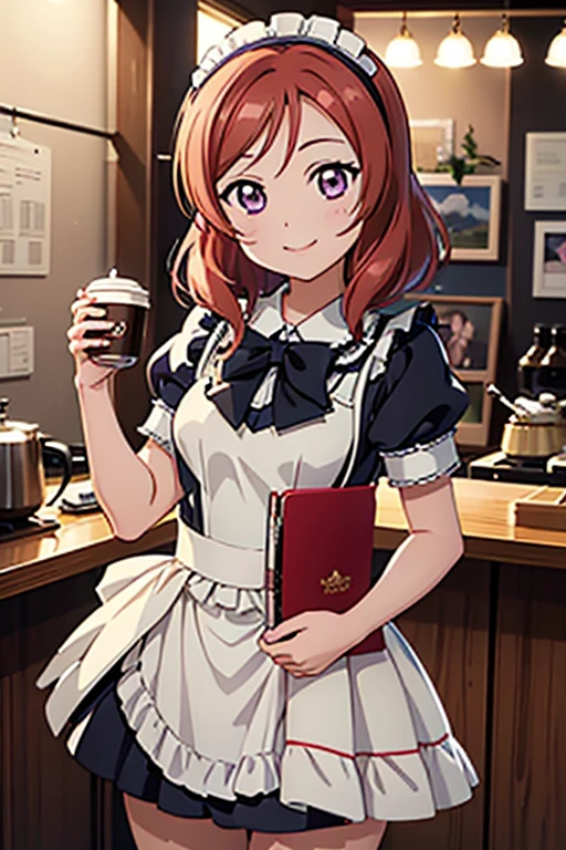  Highest quality、masterpiece、One Girl、alone、anime、animeScreencap、Ray Tracing、Global Illumination、ultra hi resolution picture、Bright colors、Light on the face、Glowing Eyes、Depth of written boundary、Detailed Background、cute、Straight、smile、View your viewers、Love Live!、whole body、Coffee shop、Maid clothes、Maki Nishikino