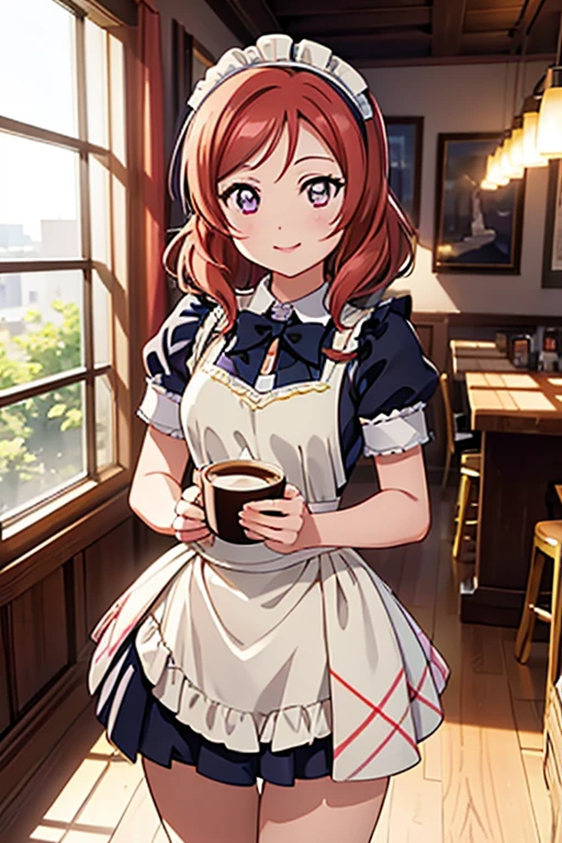  Highest quality、masterpiece、One Girl、alone、anime、animeScreencap、Ray Tracing、Global Illumination、ultra hi resolution picture、Bright colors、Light on the face、Glowing Eyes、Depth of written boundary、Detailed Background、cute、Straight、smile、View your viewers、Love Live!、whole body、Coffee shop、Maid clothes、Maki Nishikino