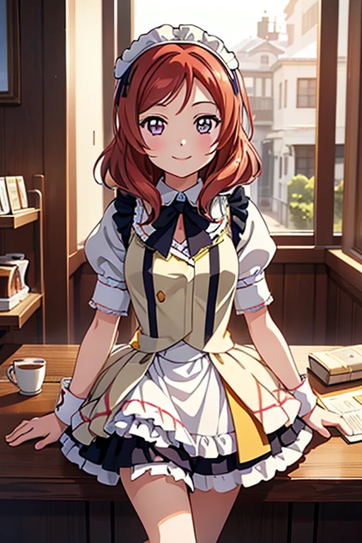  Highest quality、masterpiece、One Girl、alone、anime、animeScreencap、Ray Tracing、Global Illumination、ultra hi resolution picture、Bright colors、Light on the face、Glowing Eyes、Depth of written boundary、Detailed Background、cute、Straight、smile、View your viewers、Love Live!、whole body、Coffee shop、Maid clothes、Maki Nishikino