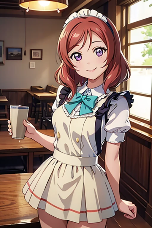  Highest quality、masterpiece、One Girl、alone、anime、animeScreencap、Ray Tracing、Global Illumination、ultra hi resolution picture、Bright colors、Light on the face、Glowing Eyes、Depth of written boundary、Detailed Background、cute、Straight、smile、View your viewers、Love Live!、whole body、Coffee shop、Maid clothes、Maki Nishikino