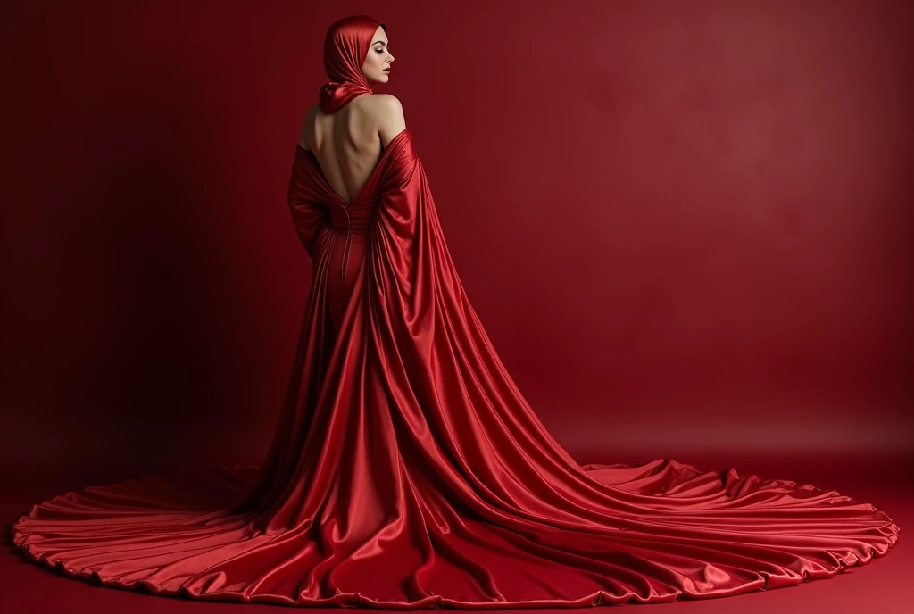 A woman shrouded in a 4-meter-long, plush red satin cloth, tightly bound and grandly draping along the form of her body, flowing off into a pooled floor-length train, tied in shibarinstyle with jawelry, styled in a mermaid-inspired outfit, her head modestly veiled in a satin hijab, in hoyel bed room, a full-body pose conveying a sense of mysterious elegance, captured in a 4k resolution, ultra-realistic