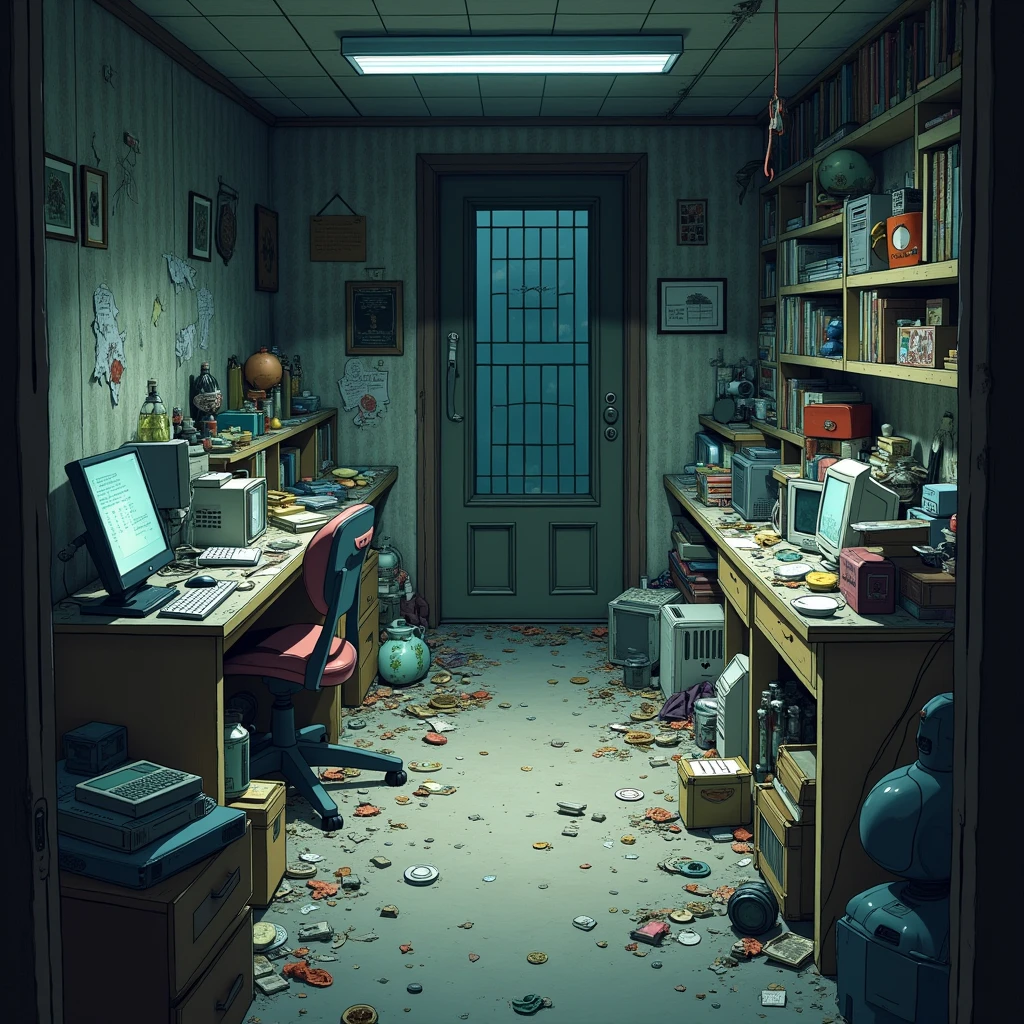 Anime hakikomori room design, underground, lots of items, dirty, dark light, super detailing