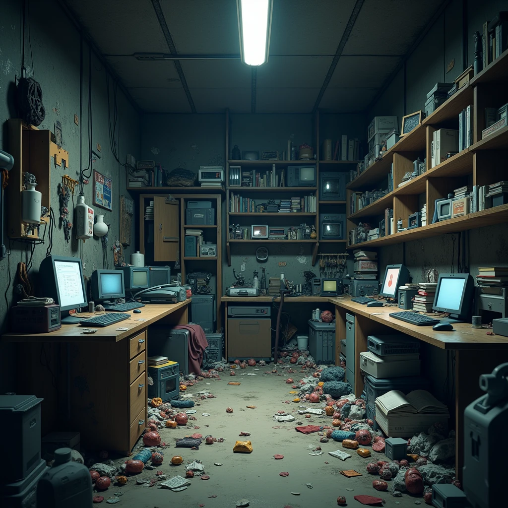 Anime hakikomori room design, underground, lots of items, dirty, dark light, super detailing