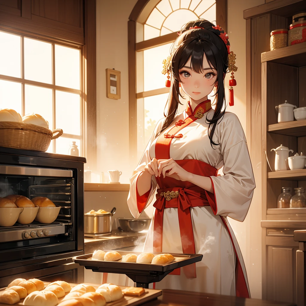Beautiful girl in ancient Chinese costume Standing in the kitchen Baking bread in front of a large oven in the middle of the day. The sun shines on my face, my eyes sparkle. There is a place for steaming steamed buns nearby.