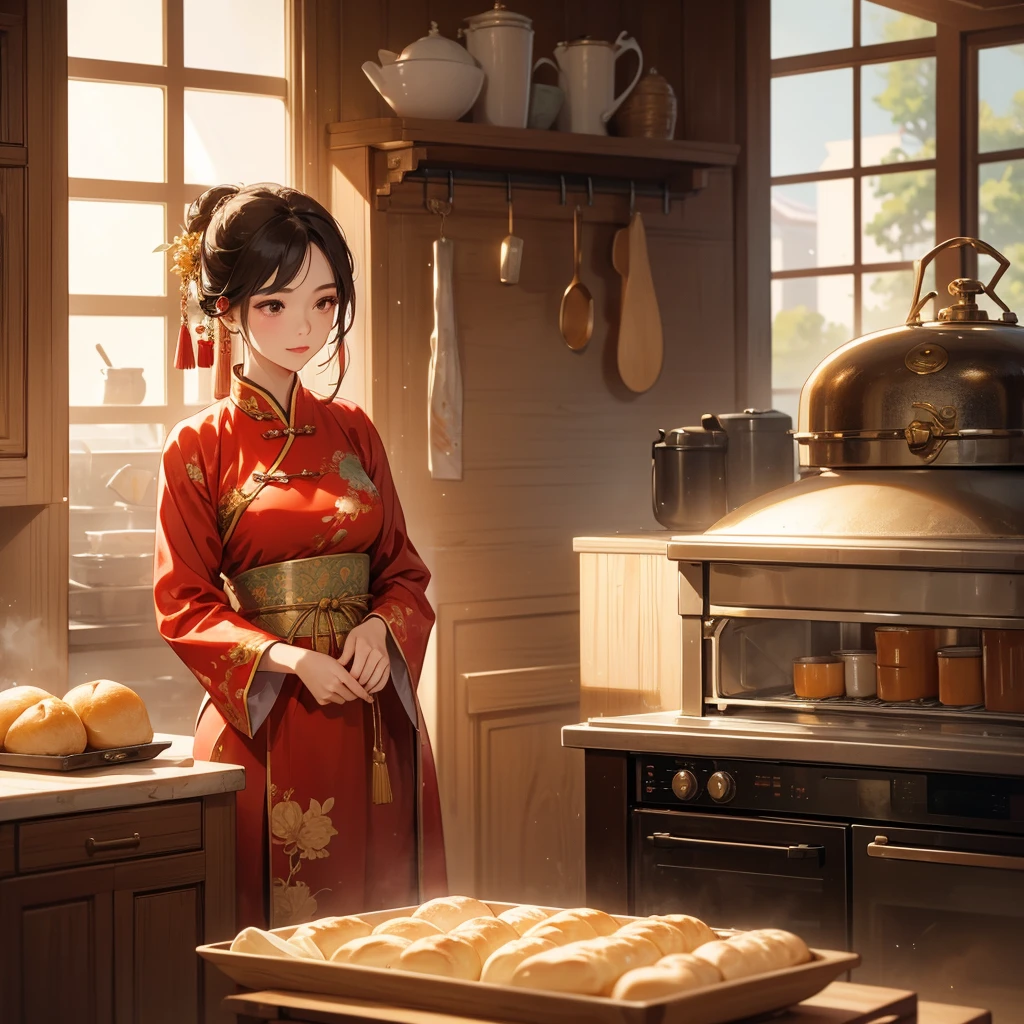 Beautiful girl in ancient Chinese costume Standing in the kitchen Baking bread in front of a large oven in the middle of the day. The sun shines on my face, my eyes sparkle. There is a place for steaming steamed buns nearby.