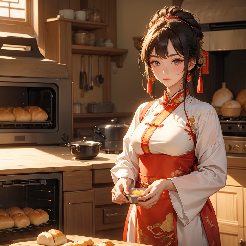 Beautiful girl in ancient Chinese costume Standing in the kitchen Baking bread in front of a large oven in the middle of the day. The sun shines on my face, my eyes sparkle. There is a place for steaming steamed buns nearby.