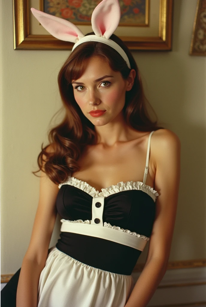 A vintage image of a 18 year old woman on a playboy magazine cover, (very skinny:1.5), big breasts,(skinny waist:1.7), 60s style brown hair, ((60s image)), ((60s magazine)), 60s aestethic, ((high quality)), sunkissed skin, seductive look,(bunny ears on head),((60s maid outfit)),(sexy maid outfit),((posing inside)), ((cute tall face)), ((playboy cover)), ((60s magazine cover)), playboy magazine, Head, Texture,