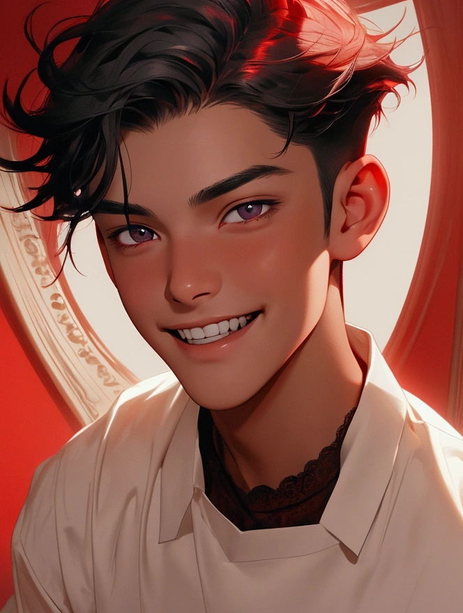 portrait of a boy, handsome boy, glowing red room, boy in shadow middle part hair, dark vibes, looking up at camera, smiling like a maniac, grining, smirking, bloody nose, nose bleed, grayish hair, white shirt, shirt neckline with lace,