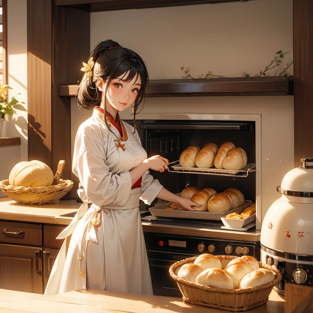 Beautiful girl in ancient Chinese costume Standing in the kitchen Baking bread in front of a large oven in the middle of the day. The sun shines on my face, my eyes sparkle. There is a place for steaming steamed buns nearby.