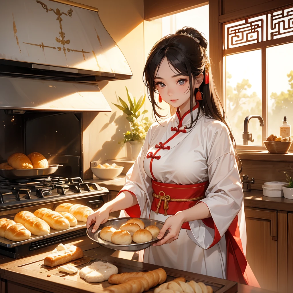 Beautiful girl in ancient Chinese costume Standing in the kitchen Baking bread in front of a large oven in the middle of the day. The sun shines on my face, my eyes sparkle. There is a place for steaming steamed buns nearby.