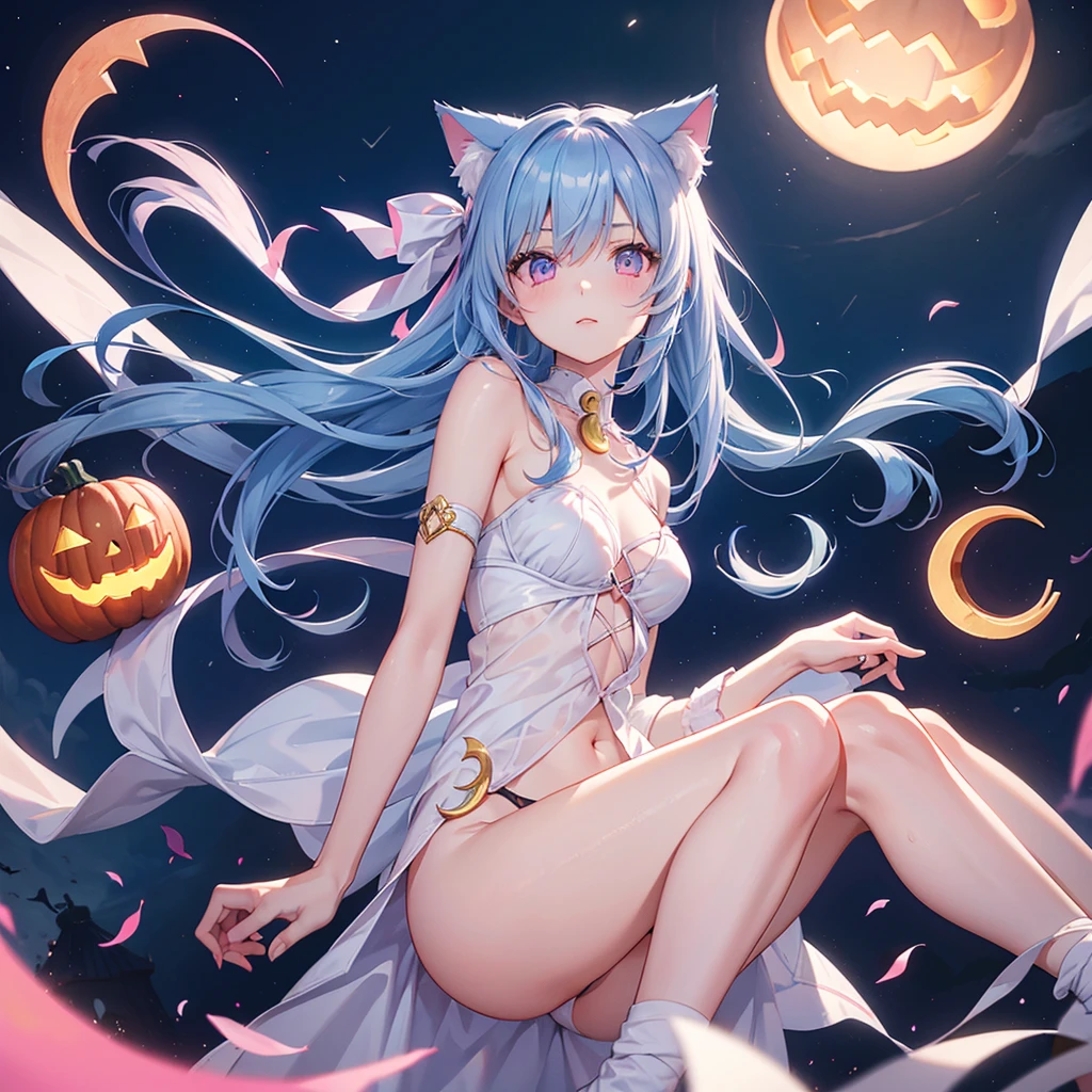 (Sky blue hair),(Medium Hair), (Pink Eyes),Fair skin) ,(whole body),(One Girl),(Crescent Moon),(There are lots of pumpkin ghosts in the background),Cat ear,Cat's Tail,(If you don't give me sweets, I'll play a prank on you.),Halloween Night ),(masterpiece, Highest quality, Very detailed, Best Shadow), (Detailed Background), (Beautifully detailed face), High Contrast, (Best lighting, Very delicate and beautiful), ((Cinematic Light)), Hyper Detail,8k, Dramatic Light, Intricate details,night,(Bats flying in the background),Pumpkin handbag,There are sweets in the bag,
