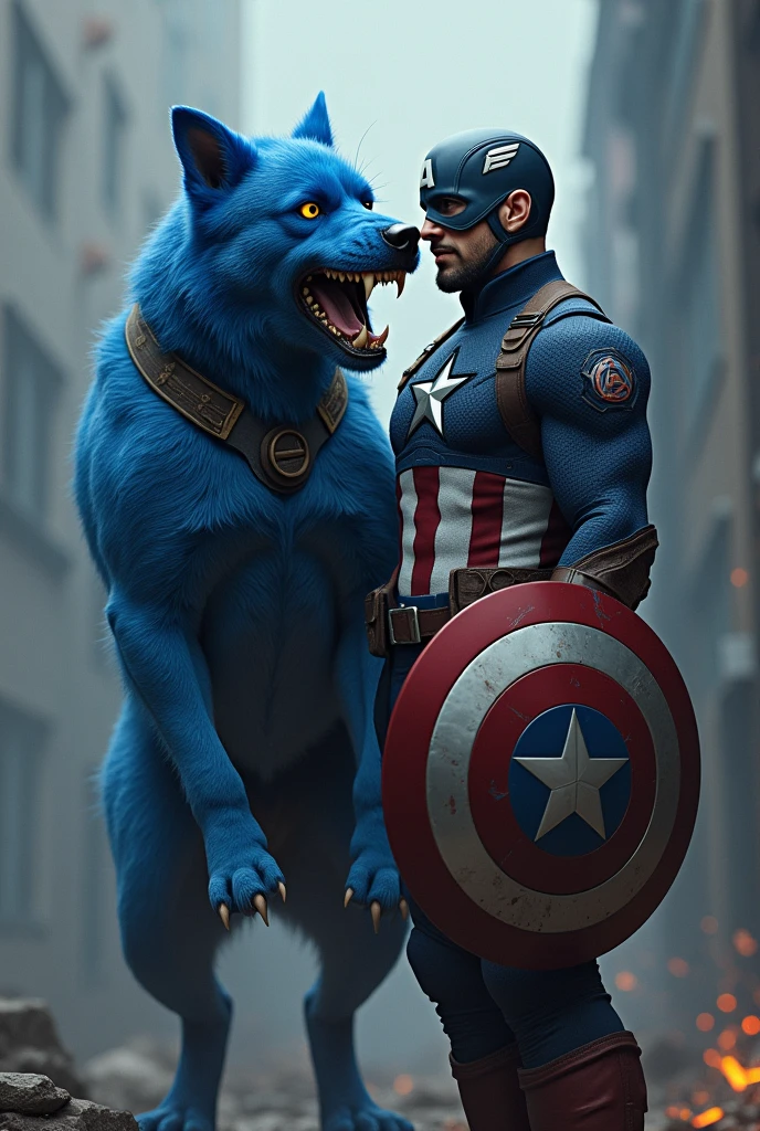 A complete image of a dangerous skyblue dog and captain amarica , dog wear captain amarica's costume, dog open his mouth for biting and captain amarica also standing beside the dog captain amarica hold dog collar in hands