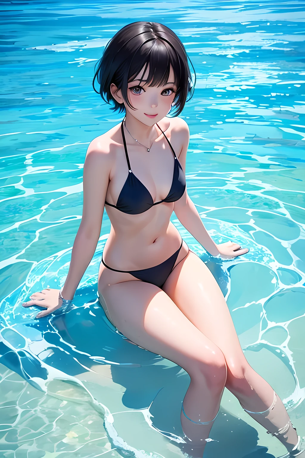 1 girl in a swimming pool,blue short hair,fashion black bikini swimsuit,detailed eyes and face,longeyelashes,serene expression,enjoying summer time,crystal clear water,reflective water surface,vibrant colors,intricate background details,vibrant summer atmosphere,full body view,looking at viewer,cute smile,digital art,anime style,masterpiece,8k,photorealistic,cinematic lighting,vibrant colors,hyper detailed,solo,loli,kawaii,petite,small_breasts,unbuttoned clothes,