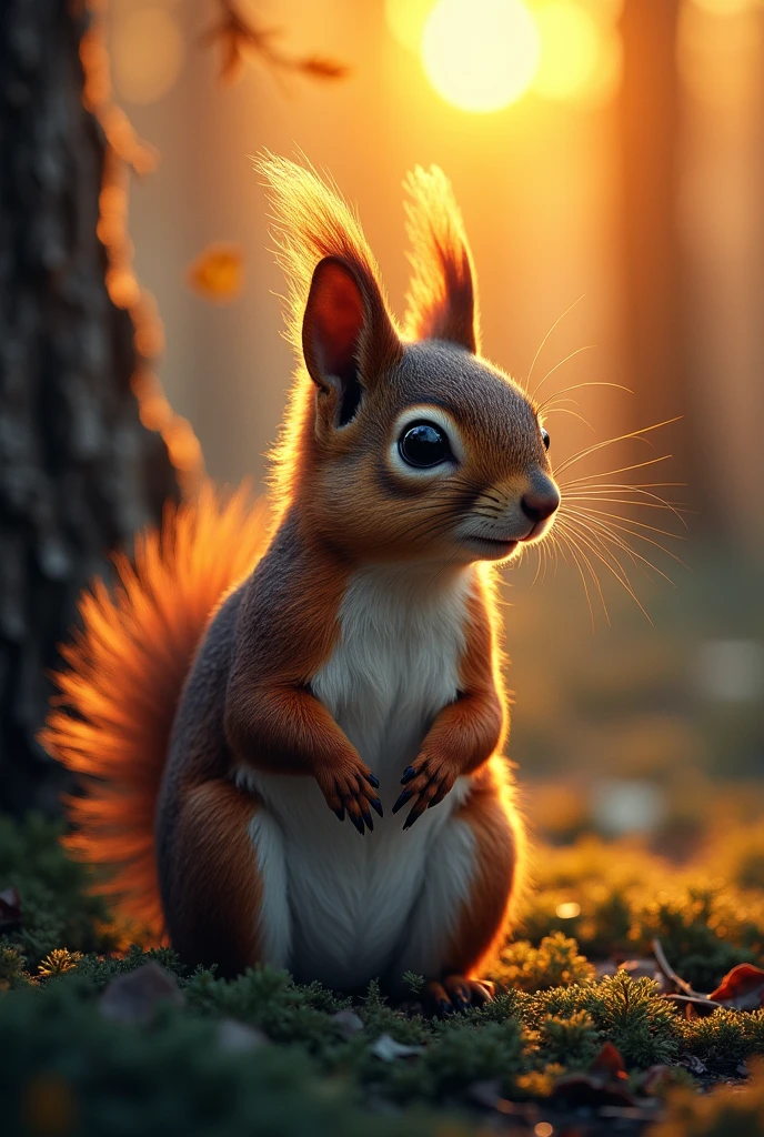 woodland animal, squirrel , seated in sharp focus, before a darkened forest, basking in the glowing aftermath of a setting sun, detailed strokes of watercolor infused with the style trending on artstation by Greg Rutkowski, intricate details, studio photo ambiance, highly detailed, dramatic lighting, golden hour hue.