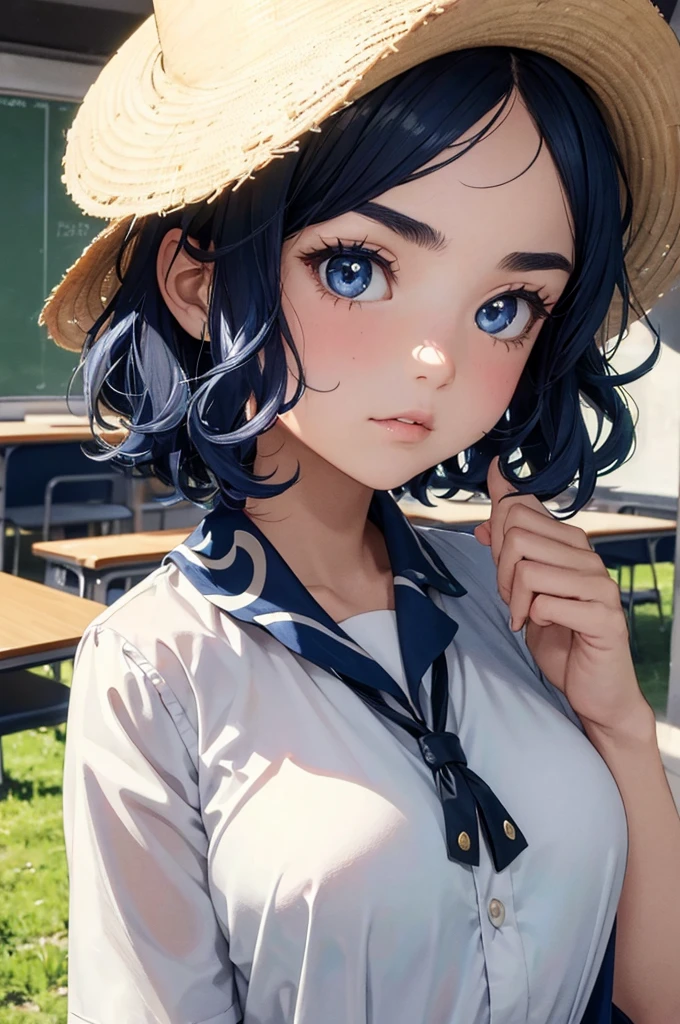 (masterpiece, best quality), (ultra highres, ultra-detailed),pop-art style,girl with mushrooms growing on her head,summer school-uniform,classroom,shiny skin,absurdity, extraordinary, BREAK (girl,tween,detailed face,(darkblue wavy-short hair),middle thick eyebrows,middle small breasts),troubled look,