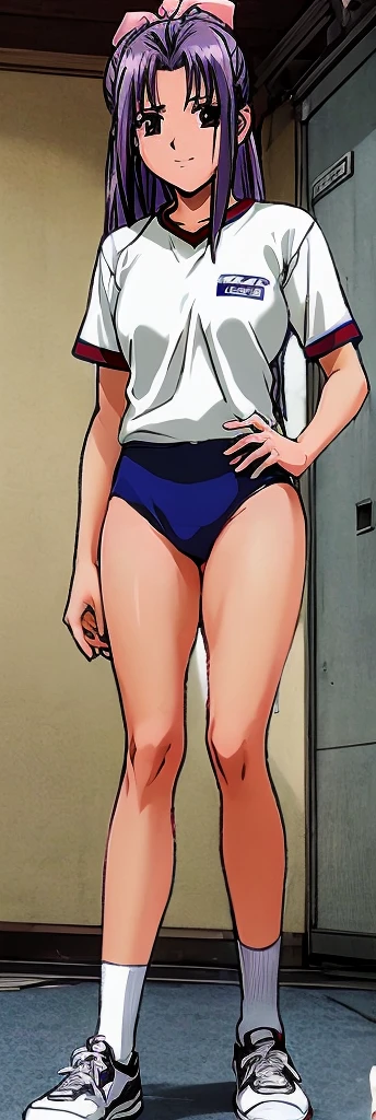 Momoko Koigakubo, a tall girl with beautiful legs, is standing with a smile on her face in a white gym uniform and light navy blue bloomers that look like panties.。Momoko Koigakubo is holding the shoulders of a girl in gym clothes。
