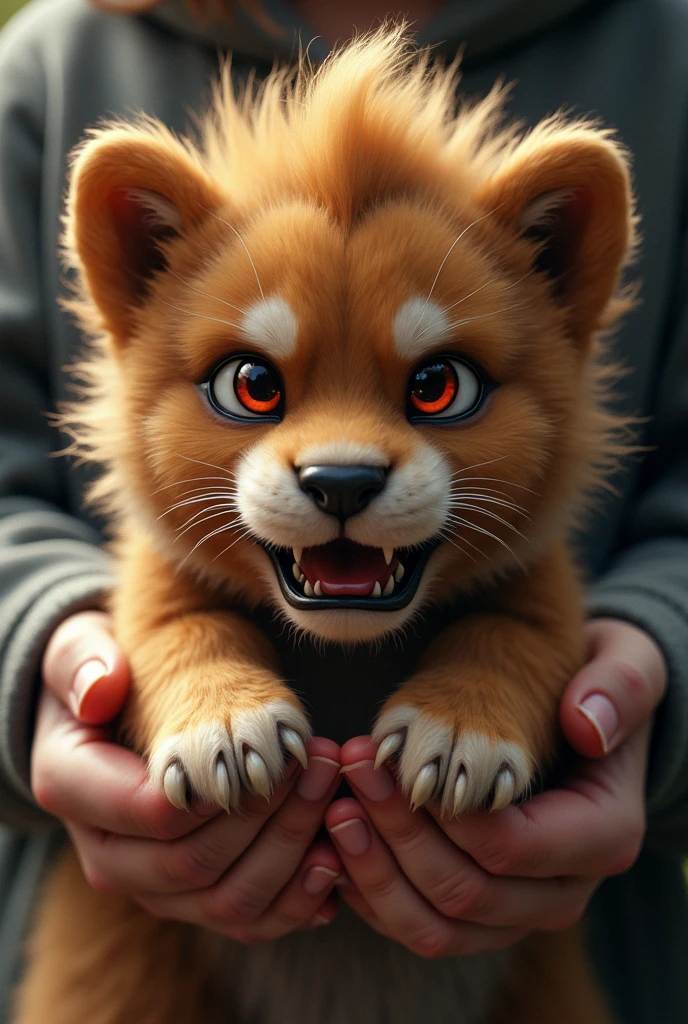 "A small, dangerous-looking puppy with a face resembling a lion and large, sharp teeth like those of a lion. Its eyes are filled with red, intense anger. The puppy is being held in the hands of a small child, who looks surprised but fascinated. The child’s hands are gentle but firm, carefully holding the fierce-looking puppy."
