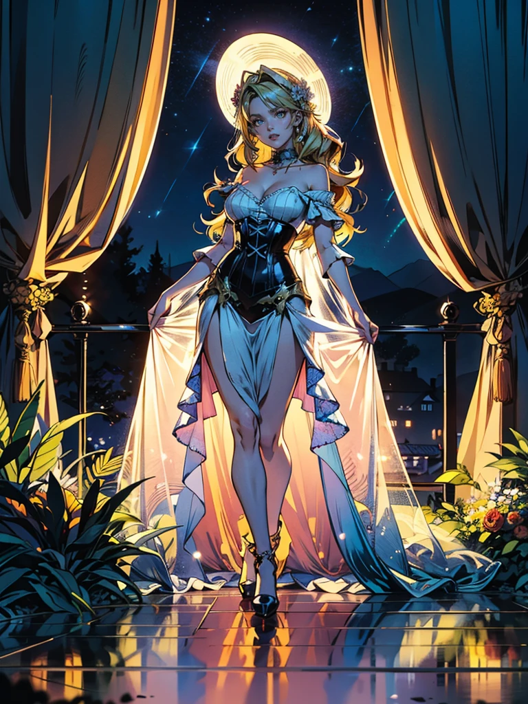 Best quality, masterpiece, ultra high res, raw photo, beautiful and aesthetic,deep shadow, dark theme,(ultra detailed:1.3),
1girl, dynamic pose, flower headdress, full of curtain, drill hair, long hair, blonde hair, gradient hair, yellow eyes, solo, huge breasts, big hair, blue hair, divine goddess, looking at viewer, (starry night), , waterfall, reflections, solitude, outdoors, nature, garden, wilderness, bushes, plants, comet, astraea, full body, (iridescent, glowing, glittering), glossy, shiny, hat flower, iridescent dress, violet theme, corset, wrenchrococodome