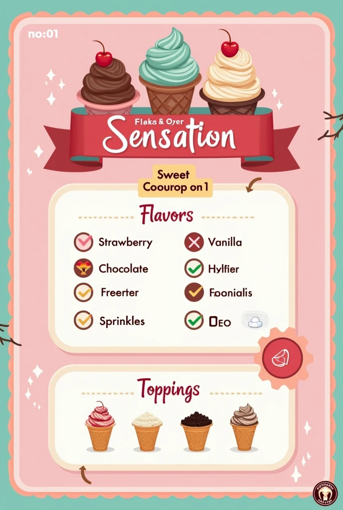 Generate a image of a coupon
(Heading) Sweet sensation
Coupon no-01
(Sub Heading) Flavours
Strawberry (tick column)
Chocolate (tick column)
Vanilla (tick column)
(Sub Heading) Tippings
Sprinkles(tick column)
Oreo (tick column)
Tipping2 (tick column)