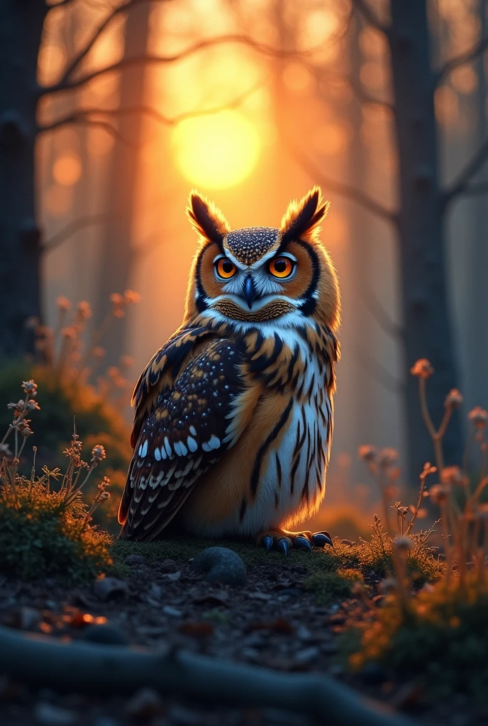 woodland animal, owl , seated in sharp focus, before a darkened forest, basking in the glowing aftermath of a setting sun, detailed strokes of watercolor infused with the style trending on artstation by Greg Rutkowski, intricate details, studio photo ambiance, highly detailed, dramatic lighting, golden hour hue.