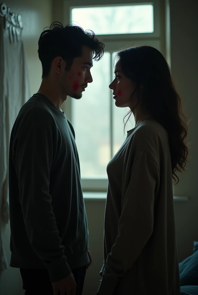 A ONE YOUNG MAN AND ONE YOUN WOMEN FACE LIKE CRYING, RED NOSE REASON COLD LOOKING STRAIGHT, MAN AND WOMEN STANDING AND SOME DISTANCE,DOCUMENTRY BACKGROUND ROOM , ONE WINDOW, SUN LIGHT IN BACKGROUND, REALISTIC DETAILS, 4K HD